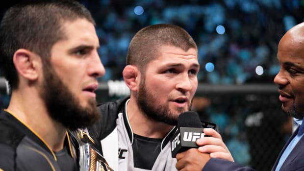 Khabib Nurmagomedov speaking to Daniel Cormier following Islam Makhachev's UFC title fight.